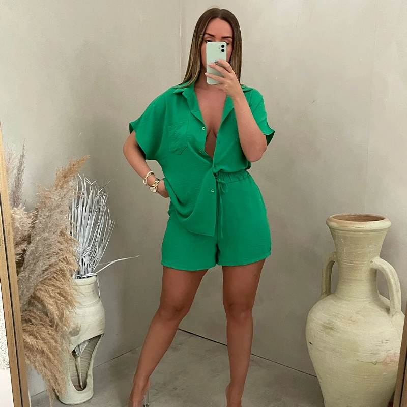 

Two Pieces Set Summer 2023 Solid Color Buttons Pockets Shirt Top And Elastic Waist Shorts Casual Loose Outfits For African Women