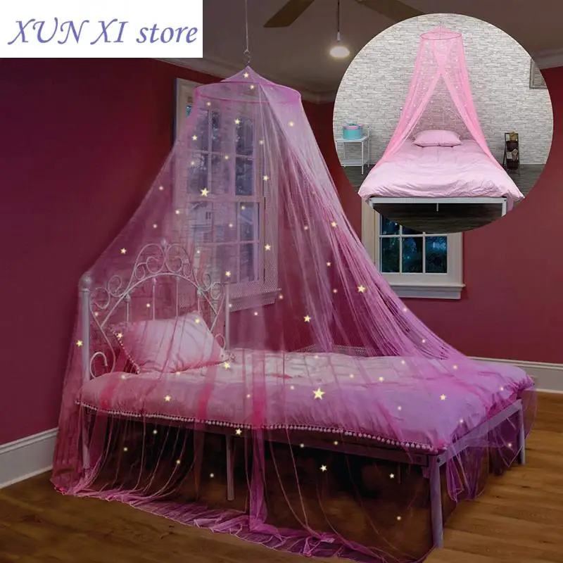 

New Girls Canopy with Glowing Stars Dome Hanging Mosquito Net Princess Baby Crib Canopy Room Decor Ceiling Tent Kids Bed Curtain