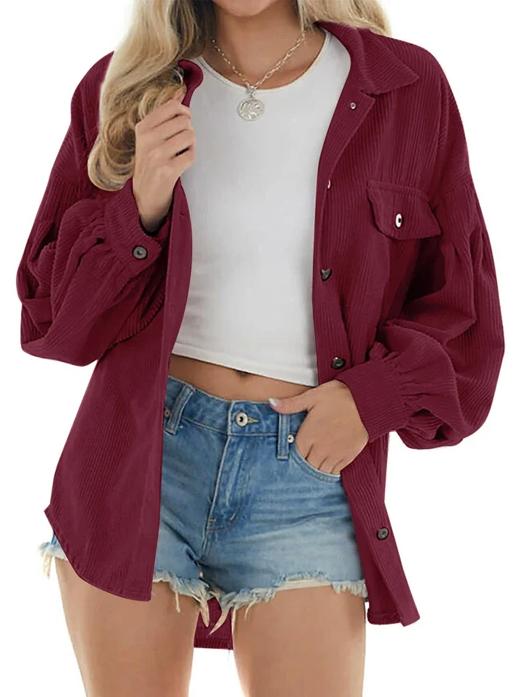 Winter 2024 Women Corduroy Shacket Jacket Oversized Long Sleeve Button Down Shirts Casual Pocket Blouses Tops Coat images - 6