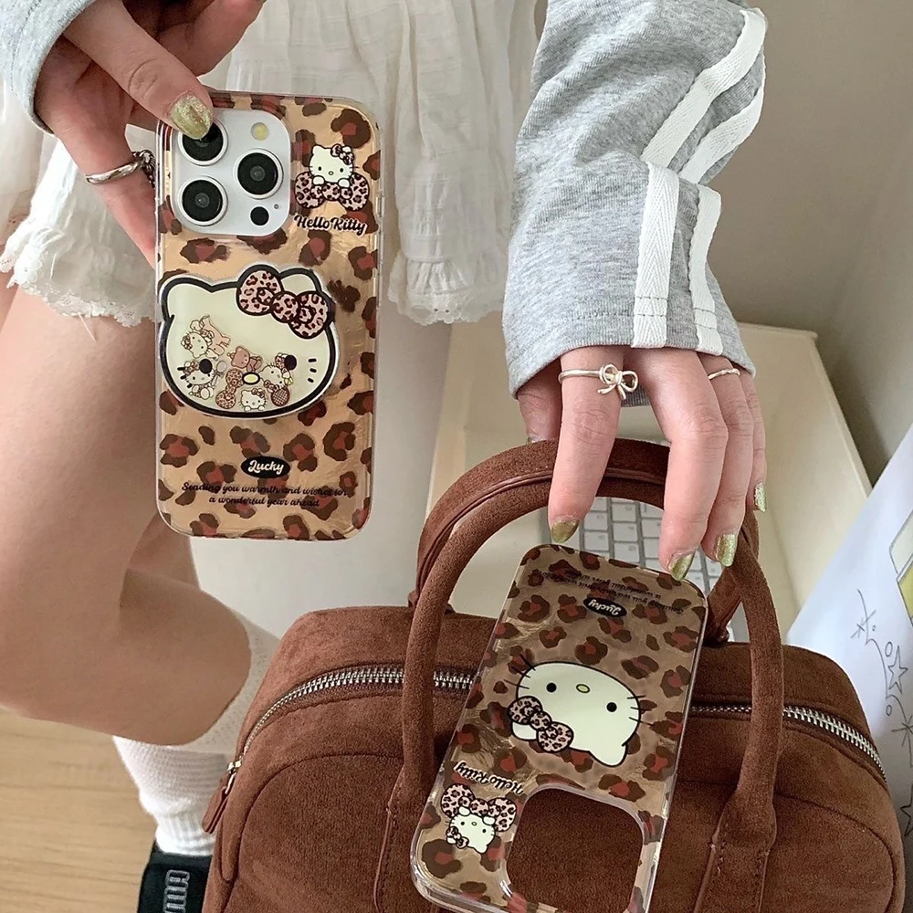 Leopard Kitty Removable Grip Phone Case with Lustre Lining