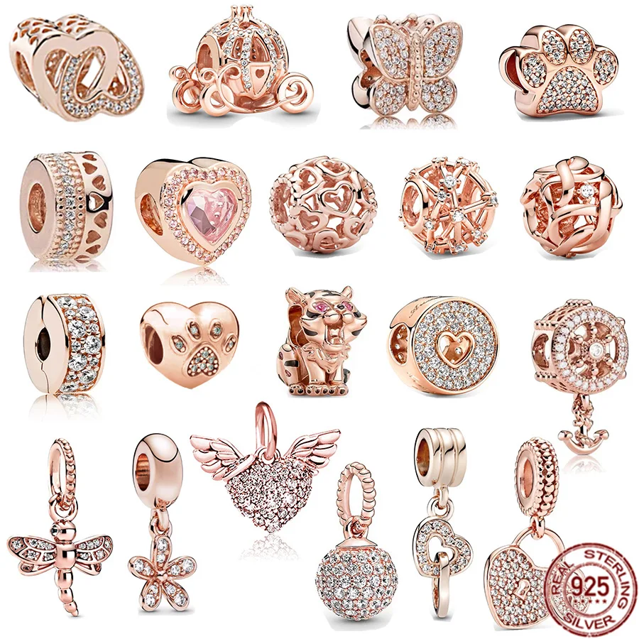 

DIY Charm Jewelry 925 Sterling Silver Rose Gold Series Sparkling Paw Print Butterfly Heart Beads Fit Original Pandora Bracelet