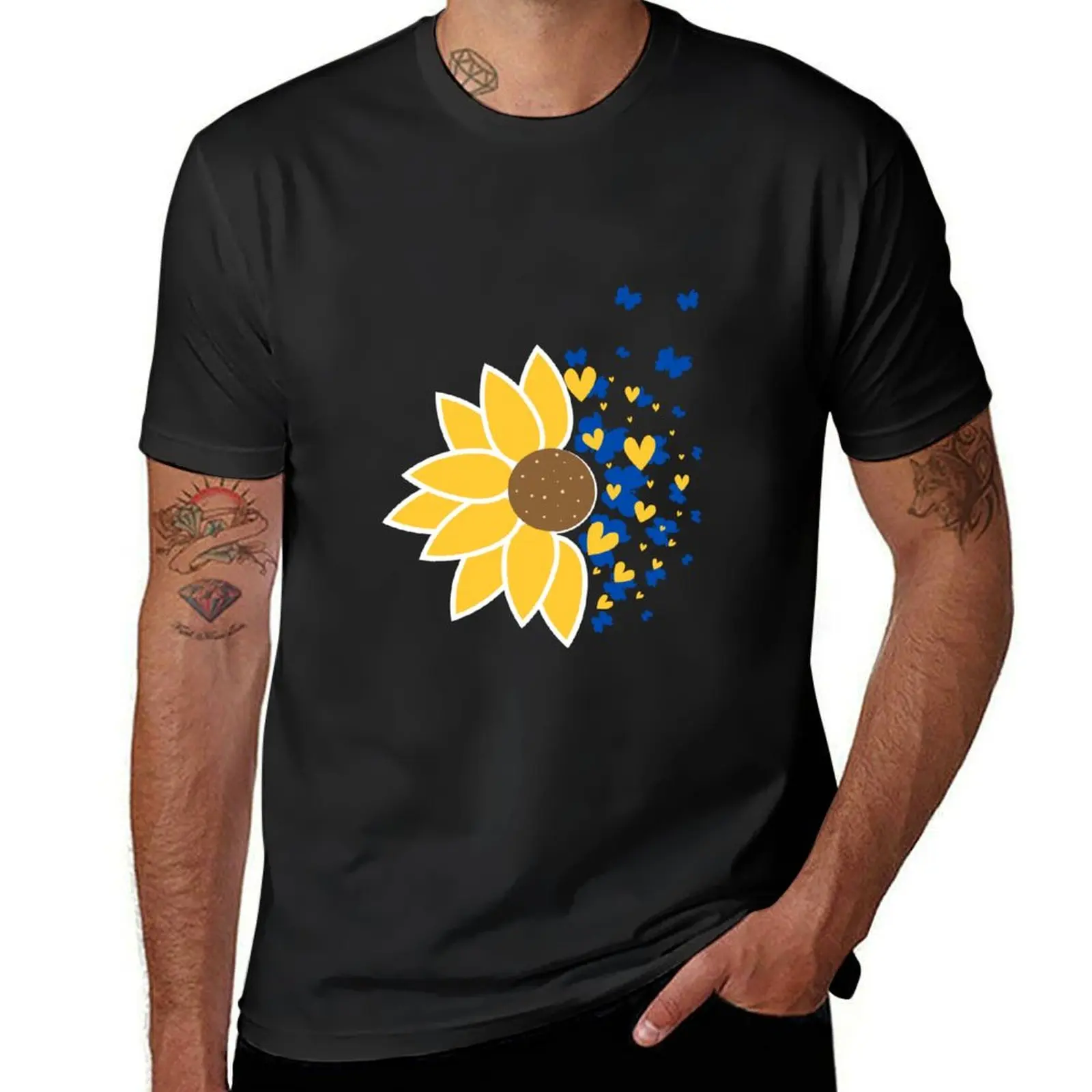 

Sunflower with blue butterflies and gold hearts T-Shirt aesthetic clothes blacks t shirt for men