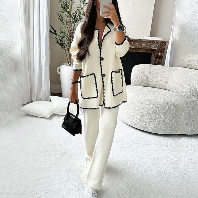 Loose Casual Women's Suit Autumn Double Pocket Single Breasted Cardigan New Fashion Casual Loose Solid Color Two-piece Set 1