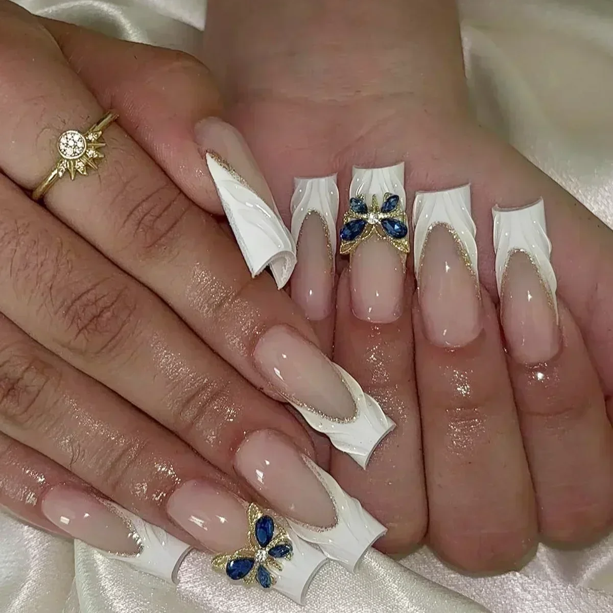 24Pcs Full Cover False Nails with Glue Long Square Coffin French Detachable Ballet Love Pattern Design Press on fake nails,french nails,false nails