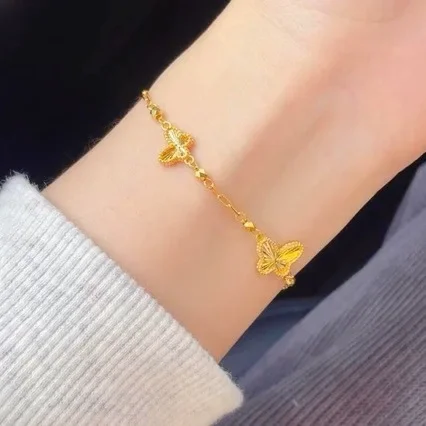 Boutique 24K pure gold laser butterfly gold ladies bracelet super shiny butterfly jewelry AU999 real lucky beads hand jewel