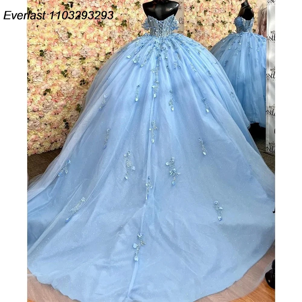 EVLAST Blue Quinceanera Dress Ball Gown Floral Applique Beaded Off Shoulder Sweet 16 Dress Vestido 15 De A&ntilde;os TQD258
