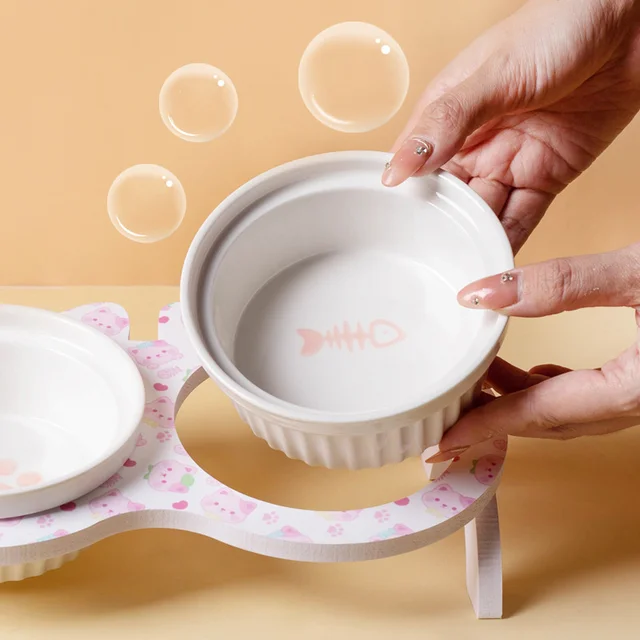 3pcs/set (1pc rack + 2pcs bowl) Non-Slip Ceramic Double Pet Food Bowl for Cats and Dogs - Prevents Spills and Slips 3