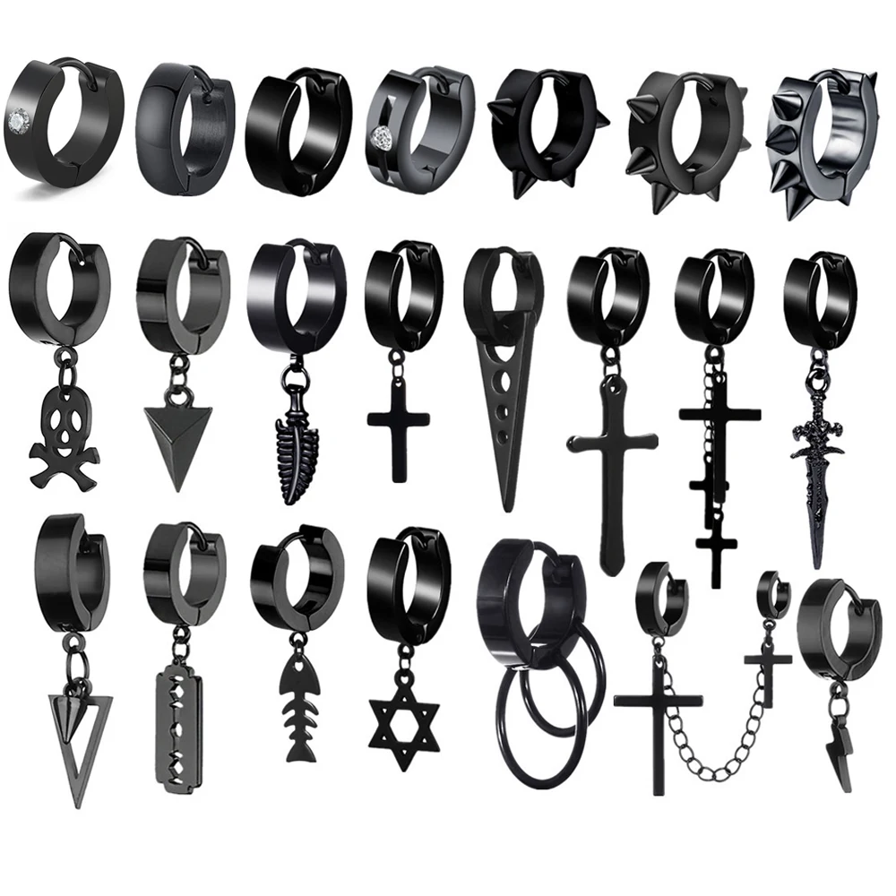 WKOUD Black Punk Stainless Steel Women Men Hoop Earrings Small Trendy Round Cross Pendants Jewelry Accessories Gifts