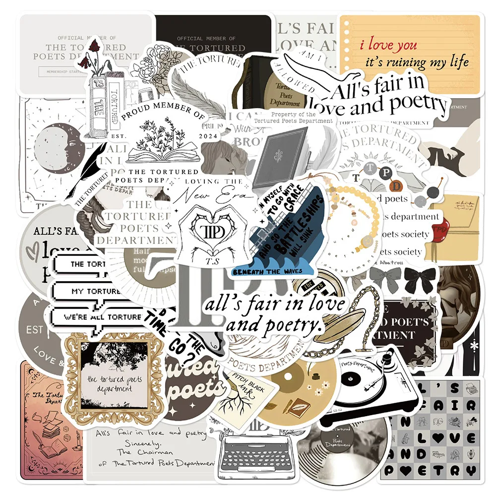 50Pcs Hot POP Singer Album TTPD The Tortured Poets Depertment Stickers Decals DIY Laptop Guitar Notebook Sticker Kids Toys