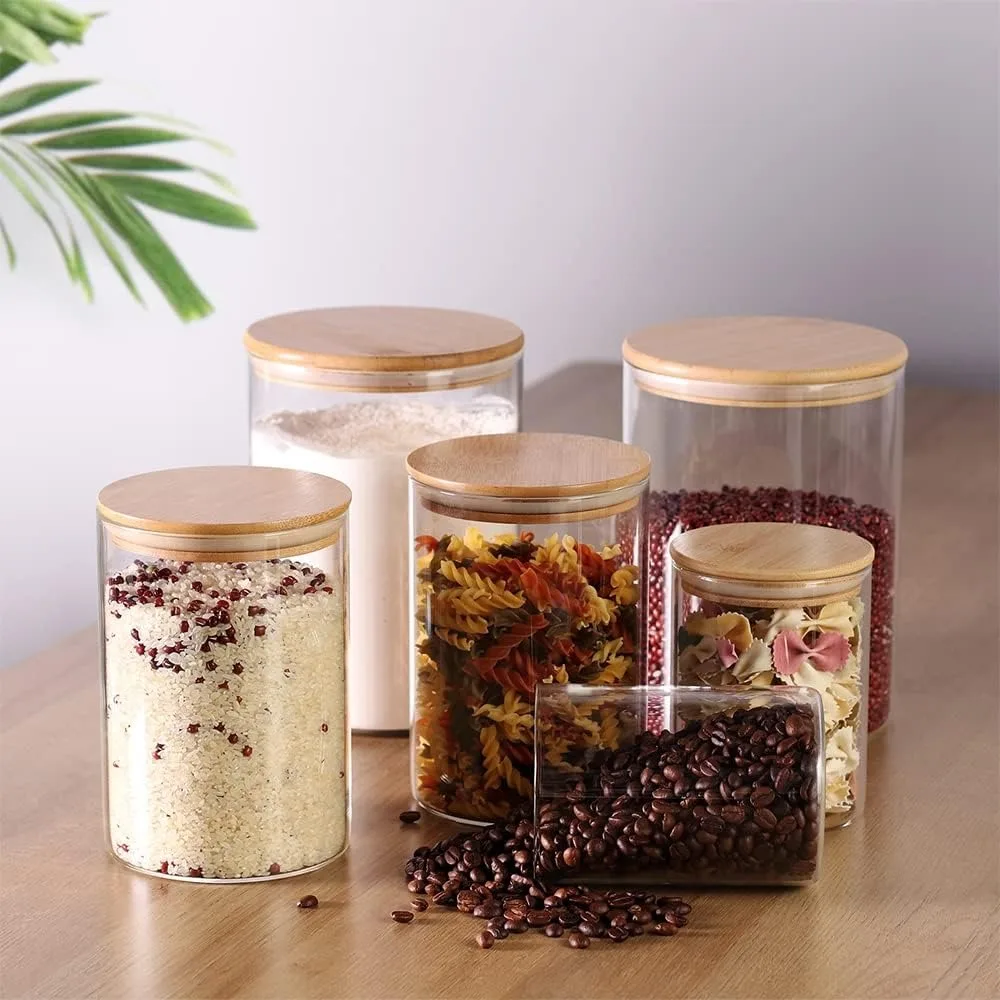 Glass flour Jars with Airtight Lids, 6 Pack Sugar and Flour Salt Containers Set, Extra Large Glass Rice Jar with Bamboo lid for