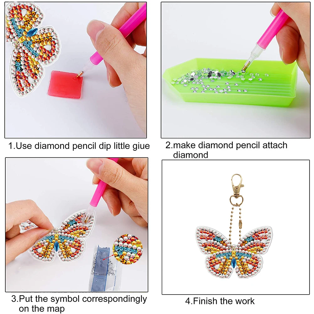 4pcs 5D DIY Diamond Painting Dwarf Shaped Keychain Pendant Craft Cross Stitch for Bag Purse Handbag Birthday Gift