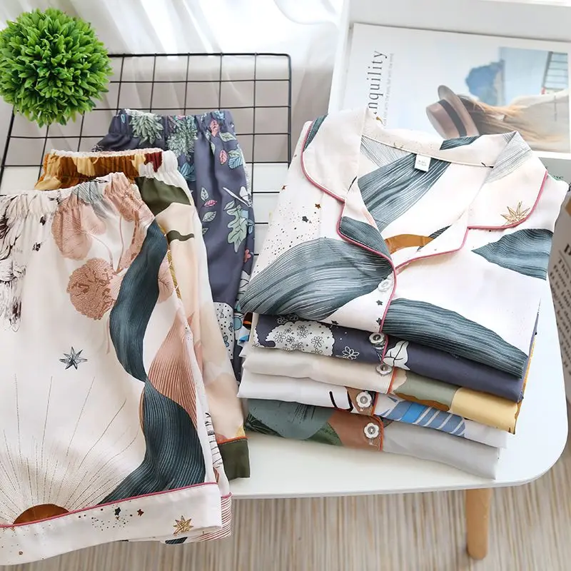 Print Cotton Pajamas Women Short Sleeve Top Shorts Summer Homewear Oversized Pajama Sets Cardigans Korean Chic Nightwear New