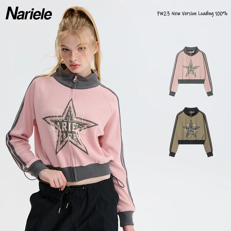 

Befree Five Pointed Star Pink American Three Bar Sleeve Cardigan Standing Collar Sweater Women's Spring And Autumn Coat Top