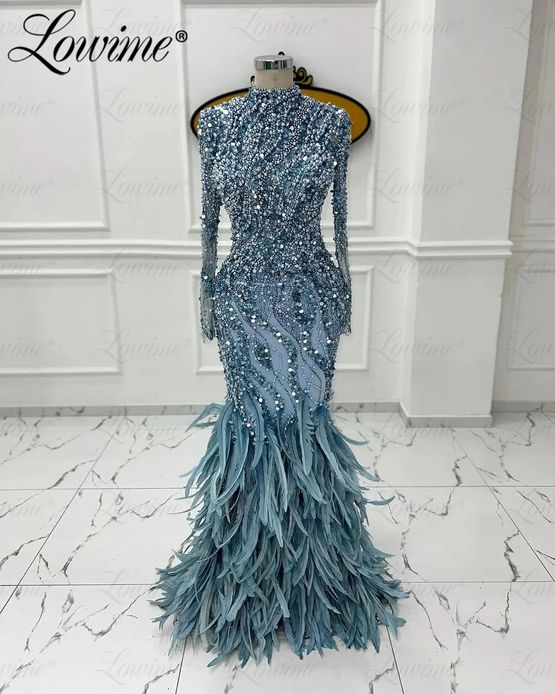 

Feathers Heavy Beading Evening Dresses Long Sleeves Luxury Crystals Sequined Wedding Party Dress Women Arabic Dubai Prom Gowns