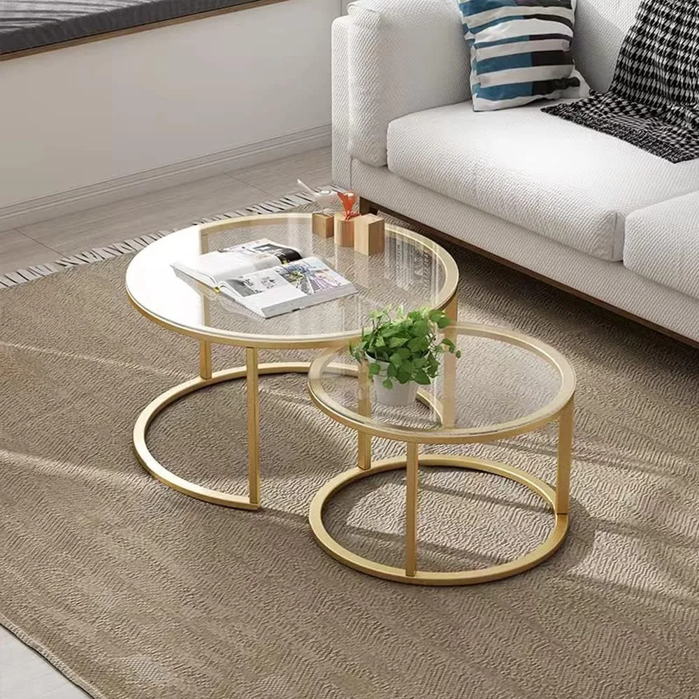 

Gold Nesting Coffee Table Set of 2, Small Glass Nesting Tables for Living Room Bedroom, Accent Tea Table with Metal Frame