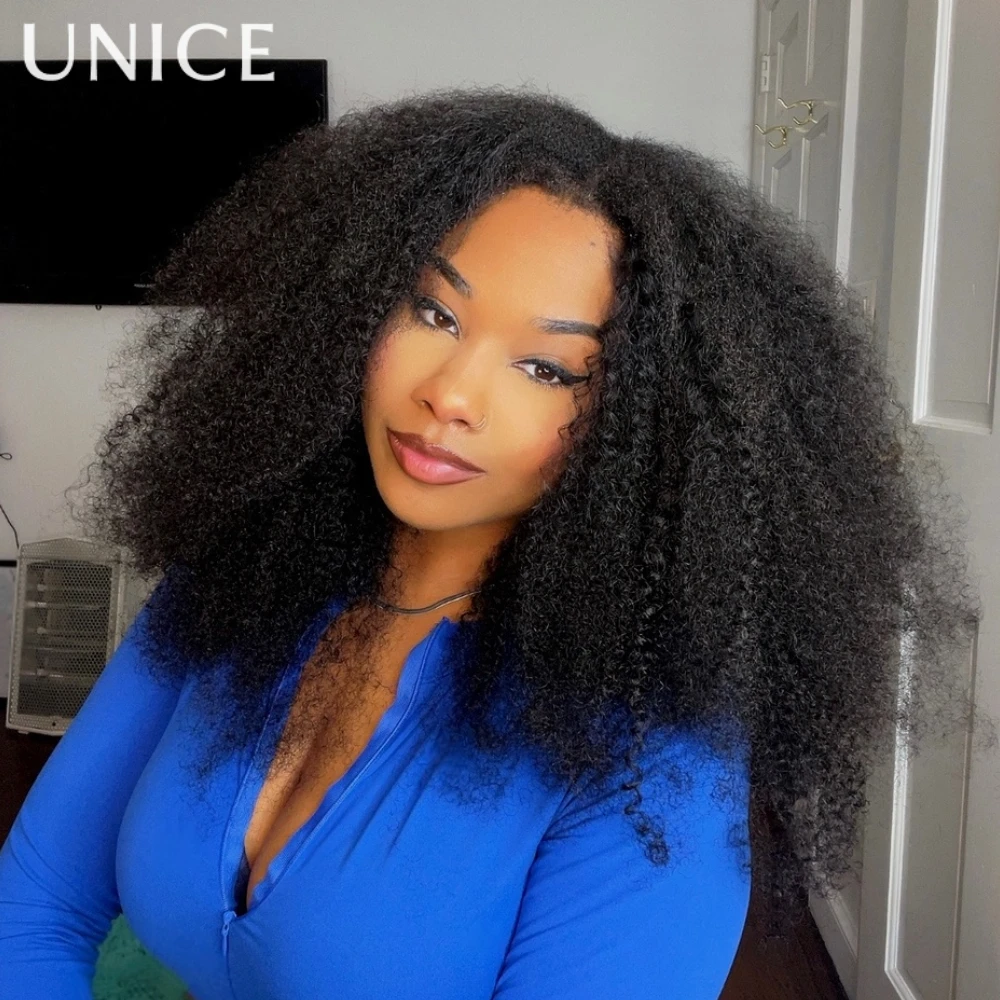 UNICE Hair Kinky Curly V Part Wig With Drawstring Fit For All Head Sizes No Glue Clip-In Human Hair Wigs 180% Density