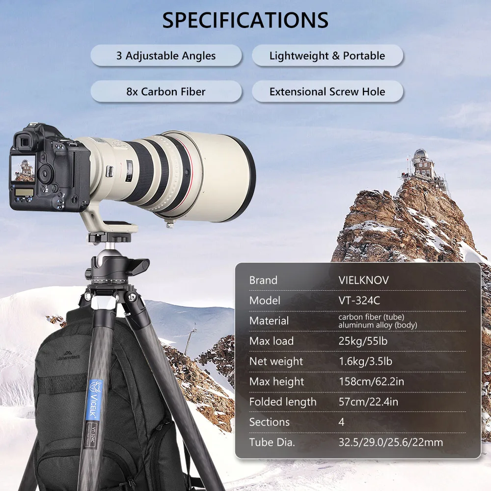 VICELK 컴팩트 탄소 섬유 삼각대, DSLR 카메라용 헤비 듀티 카메라, 여행용 삼각대, VT-324C, 158cm, 32mm 튜브, 최대 하중 25kg