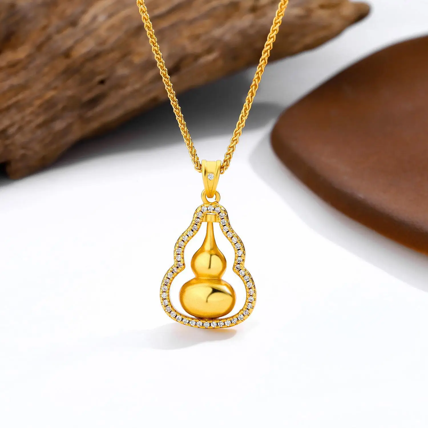 999 24K real gold gourd rotation necklace Women's fashion new Chinese ancient micro inset zircon design collarbone chain