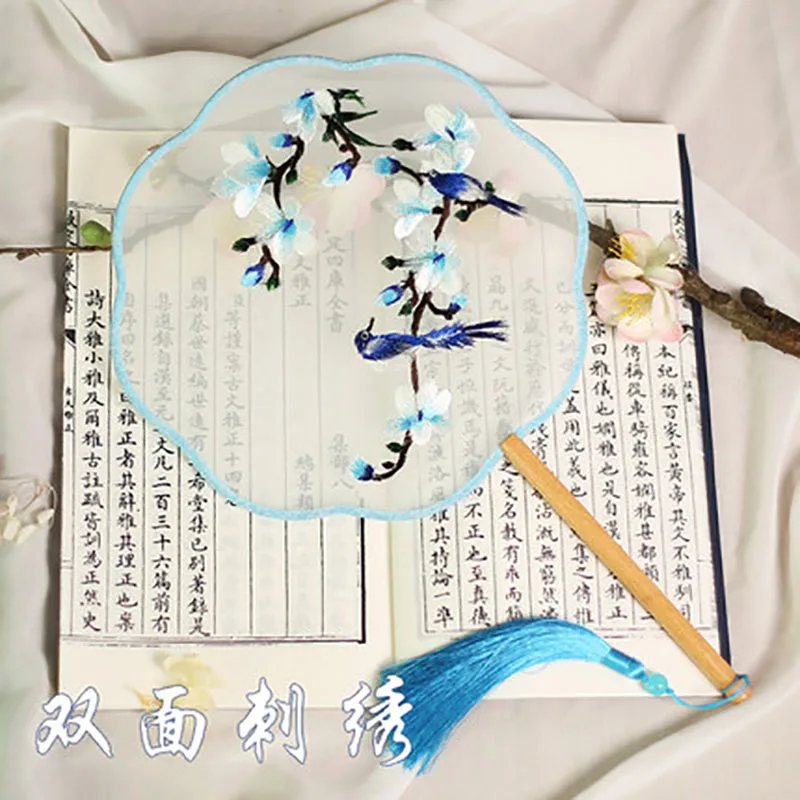 Double-Sided Embroidered Palace Fan, Eight-petal Round Fan, Beech Long Handle Silk, Pure Hand, Home Decor, Hanfu