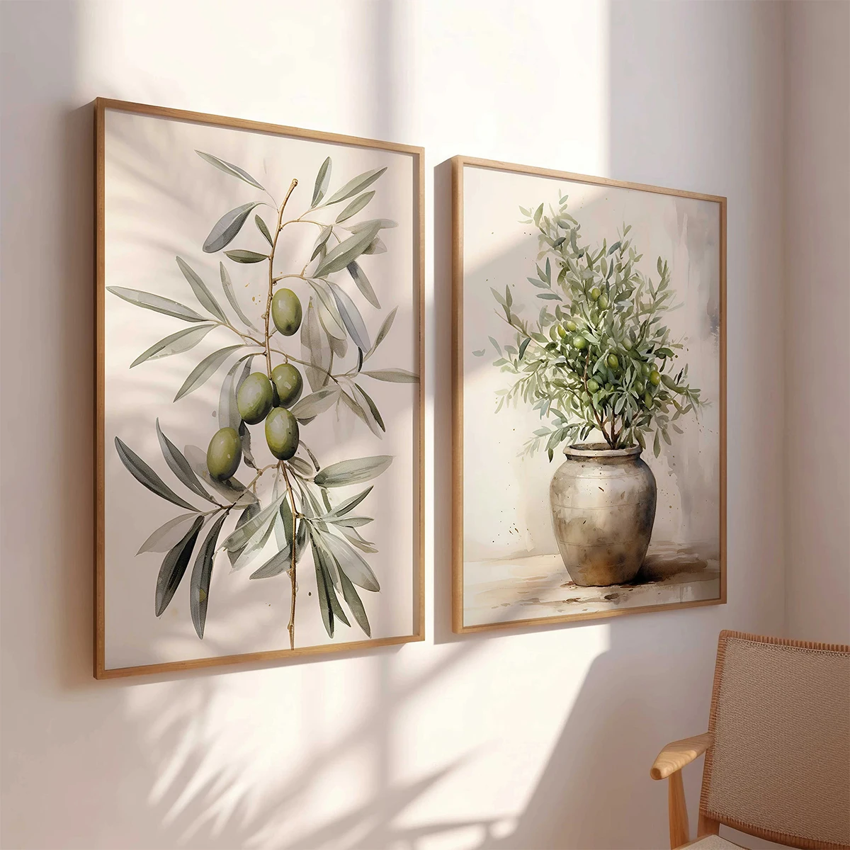 2 pièces/ensemble - Affiche vintage à l'aquarelle avec motif de branche d'olivier - Peinture sur toile botanique bohème antique - Décoration intérieure printanière - Sans cadre 1