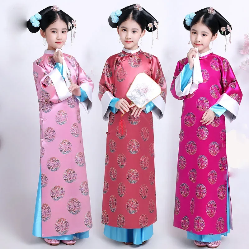 

Детский костюм старой династии Цин, Королевское Платье принцессы ханьфу, традиционная народная танцевальная одежда, детская Китайская Этническая Одежда