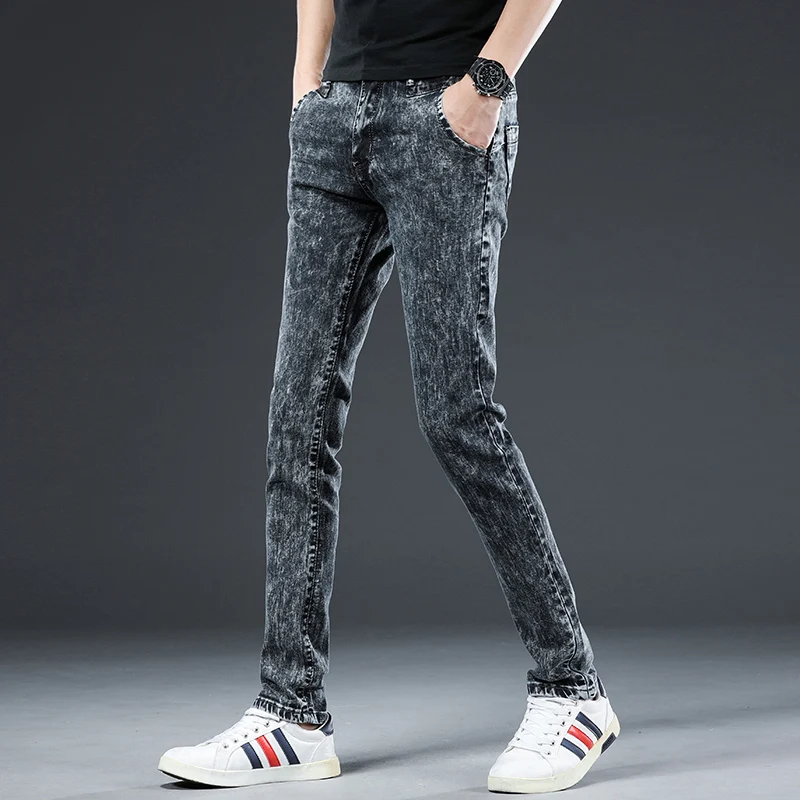 2024 Classic Korean Fashion Street Trendy Men Skinny Retro Snowflake Design Slim Fit Denim Pants New Elastic Cotton Men Jeans 3