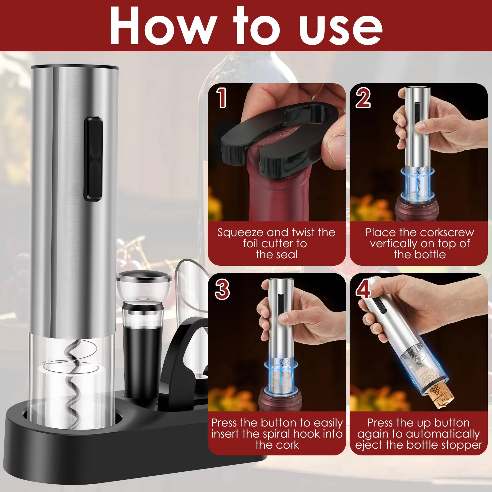 Automatic Electric Wine Openers Rechargeable Corkscrew Take Out Corks Opener with Wine Stopper Pourer Foil Cutter Bottle Openers