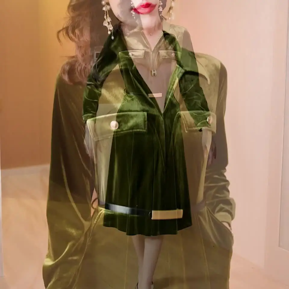 Осень 2023 золотое бархатное элегантное винтажное однотонное платье миди для