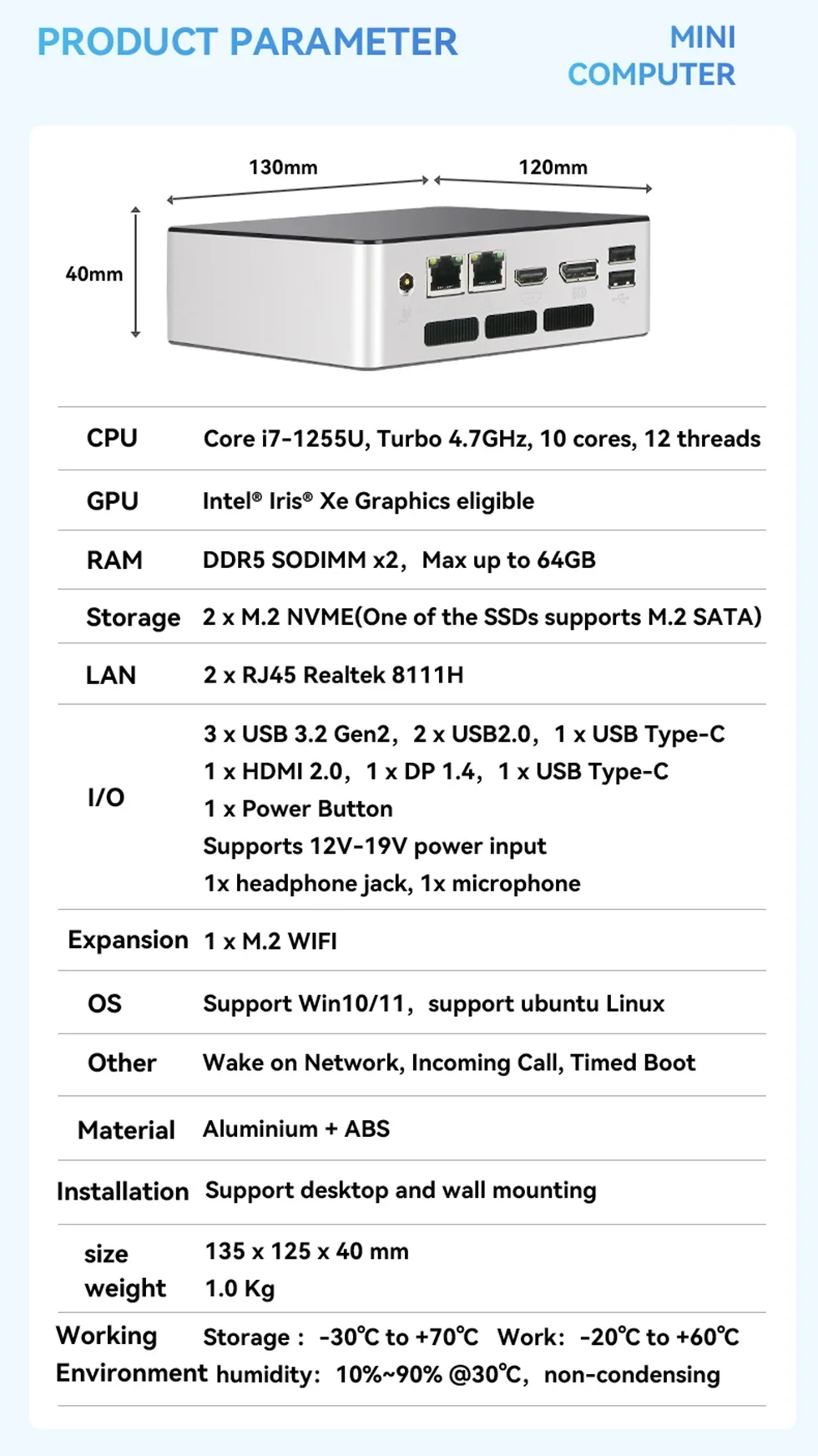 BEBEPC MINI PC Intel Core i7-1255U Realtek 8111H 2*rj45 DDR5 64GRAM SODIMM*2 M2 NVME Windows10/11 Linux Computer 5