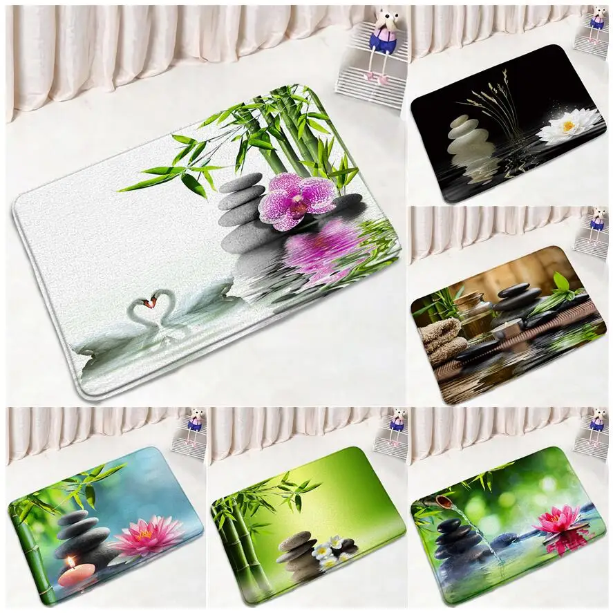 Zen Green Bamboo Bath Mat Swan Lotus Orchid Flower Plant Stone Spa Scenery Door Mat Home Bagno Decor Tappeto Tappeto Antiscivolo