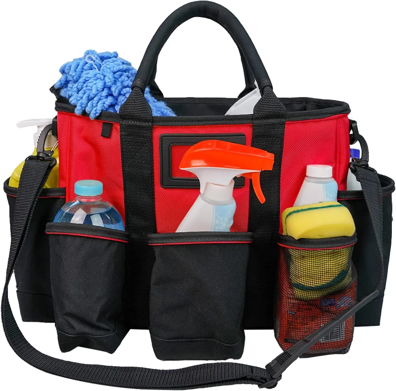 KUNN Cleaning Caddy Supply Tool Bag with Shoulder Strap Wide Mouth Open Top Electrician Hvac Tool Tote Bag,Red