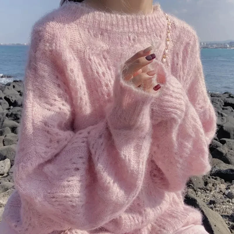 

Pink Soft Loose Knitted Sweater Women Anutumn Winter New Hollow Solid Pullover Sweater Mohair Warm Basic Knitwear Jumper 17932