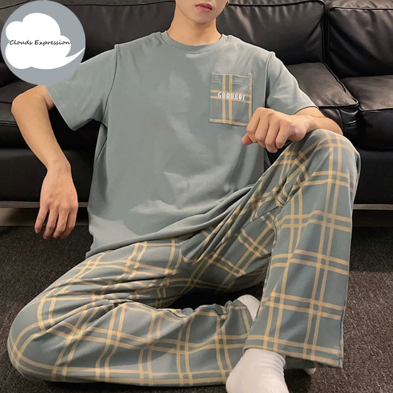 Summer Knitted Plaid Cool Mens Pyjamas Pajamas Casual Lounge Sets Sleepwear Nightwear 3XL