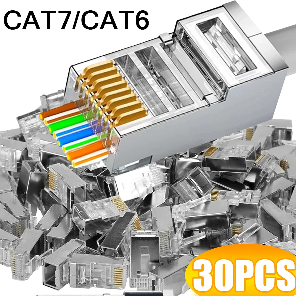 30/20/10/1PCS CAT6 CAT7 CAT5 Shielded RJ45 Connector Pass Through Ethernet Plugs Crystal End Gold-Plated 8P8C Crimp UTP Plugs