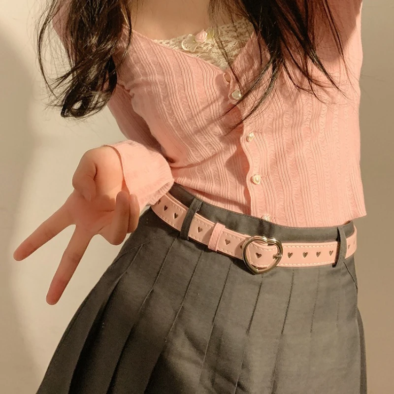 Children Faux Leather Belt Kids Cute Peach Heart Buckle Belts for Girls Solid Waistband Love Heart Eyelet Grommet Waist Belt