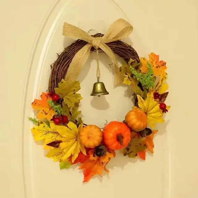 Door Wreath Thanksgiving Halloween Maple Leaf Pumpkin Bell Door Hanging Festival Decoration Warm Wind Ringtone Home Craft 5