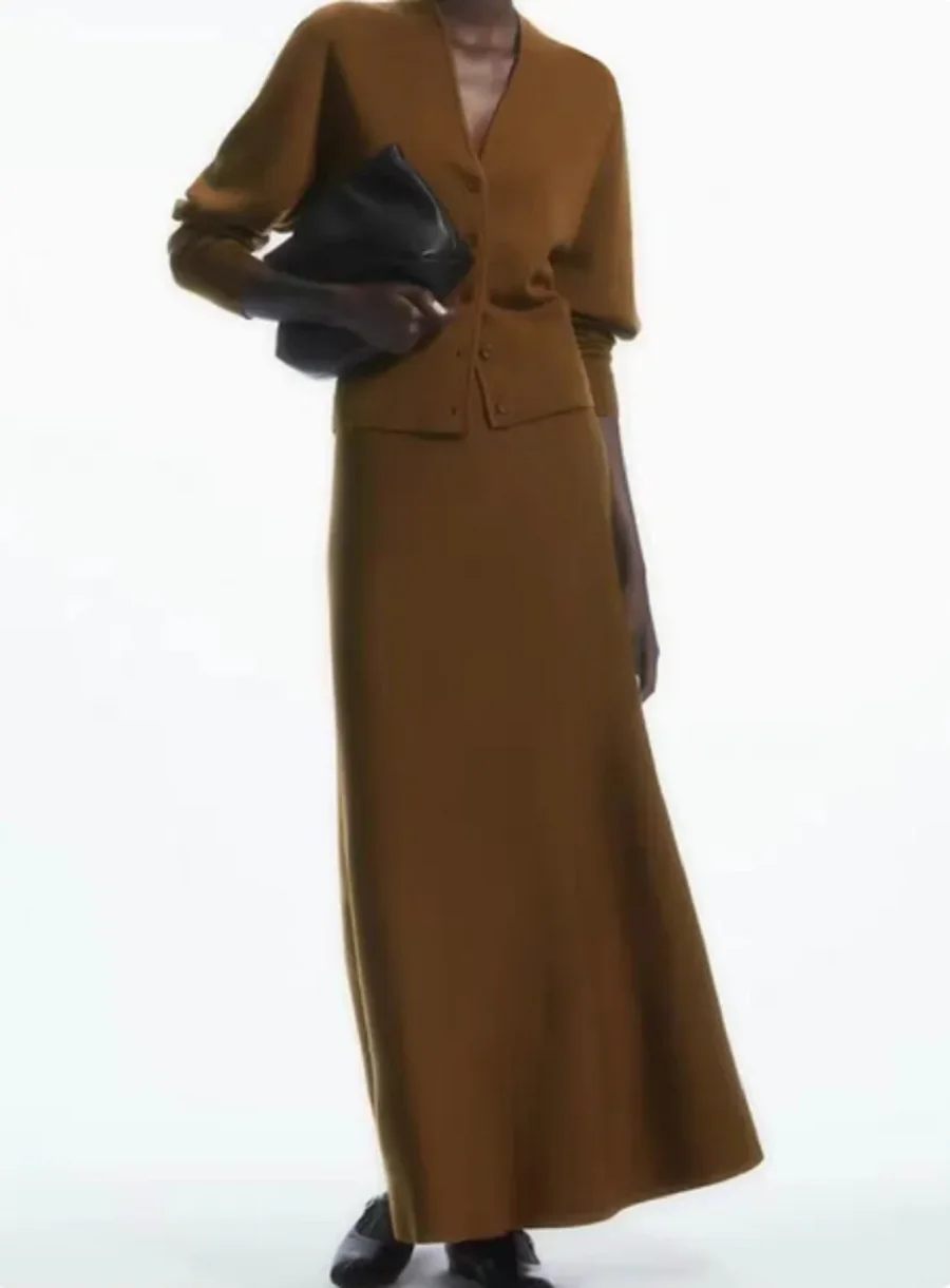 

Women Sweater Knitted Cardigan Single Breasted Or Vintage Midi Skirt