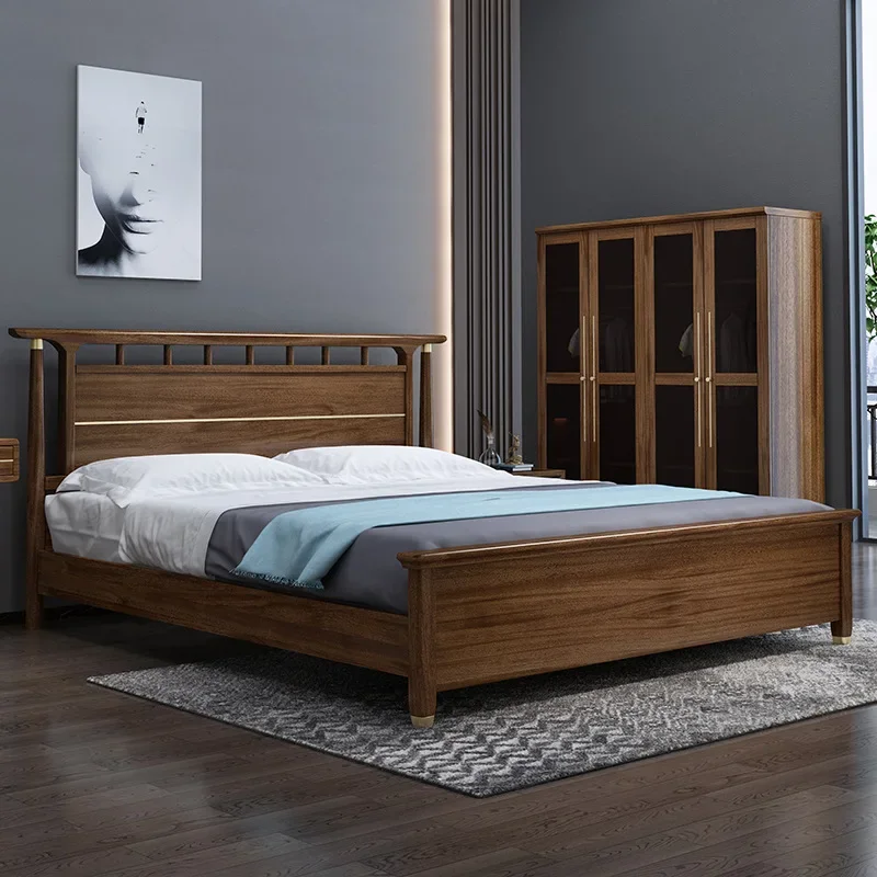 Private custom New Chinese style walnut solid wood bed double bed modern minimalist master bedroom wedding bed furniture