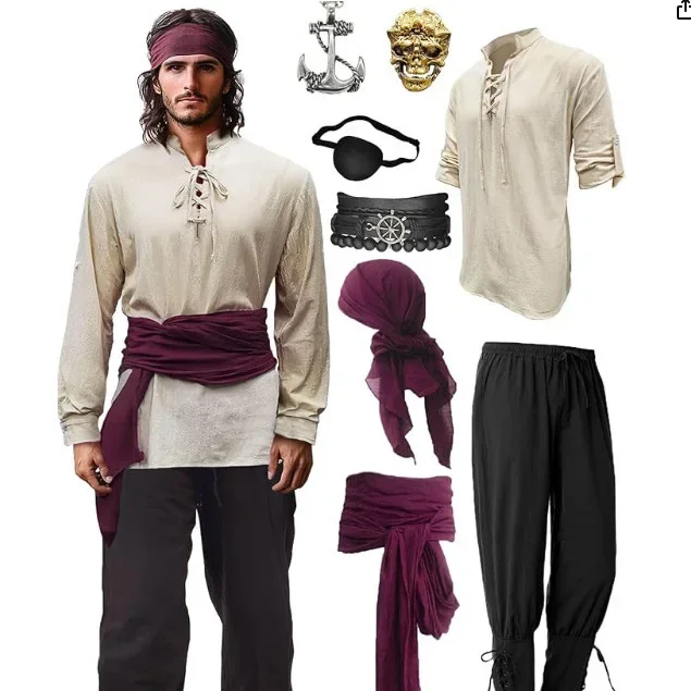8-Piece Set Renaissance Pirate Costume Men's Halloween Clothing Set with Ankle Strap Pants And Shirt Special Use Cosplay Wear