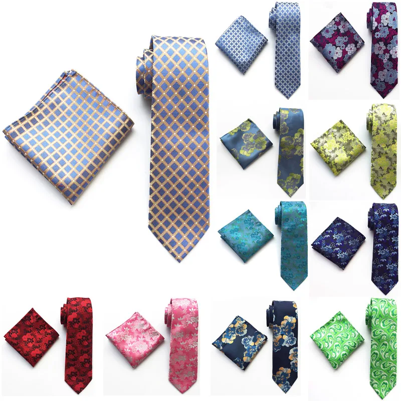 

New Classic Blue Gold Plaids Jacquard Woven Silk Men's Necktie Hanky Set Fashion Business Tie