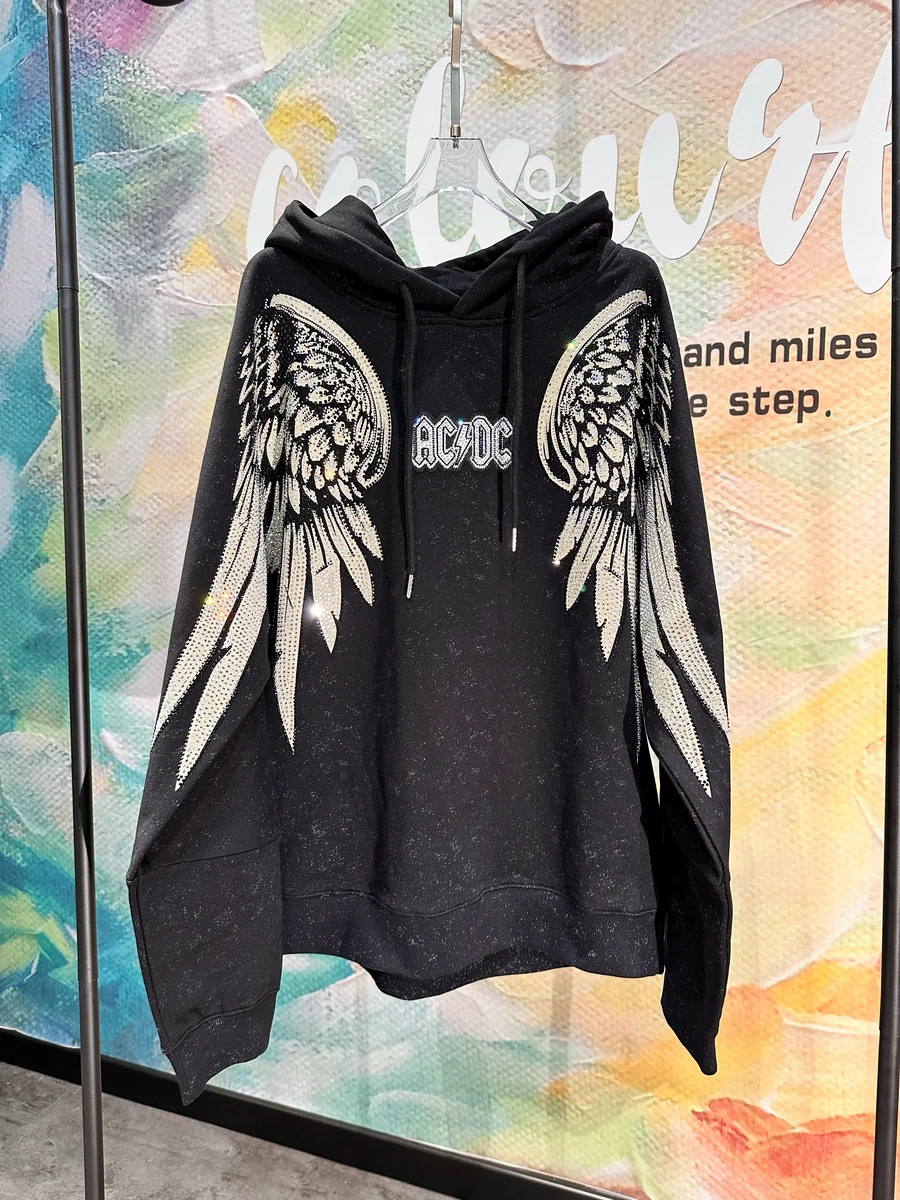 Trendy Hooded Hot Drilling Sweatshirt 2024 Dark Black Oversize Streetwear Women Wings Front and Rear Big Wings Diamounds Hoodies