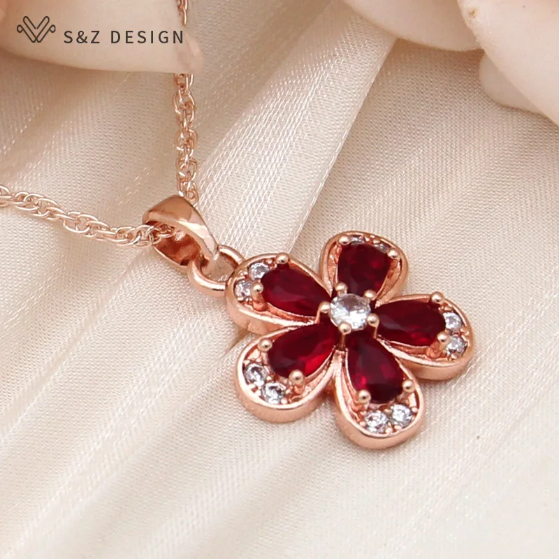 S&Z DESIGN New Fashion Cubic Zirconia Red Flowers Dangle Earrings Jewelry Sets For Women 585 Rose Gold Color Pendant Necklace