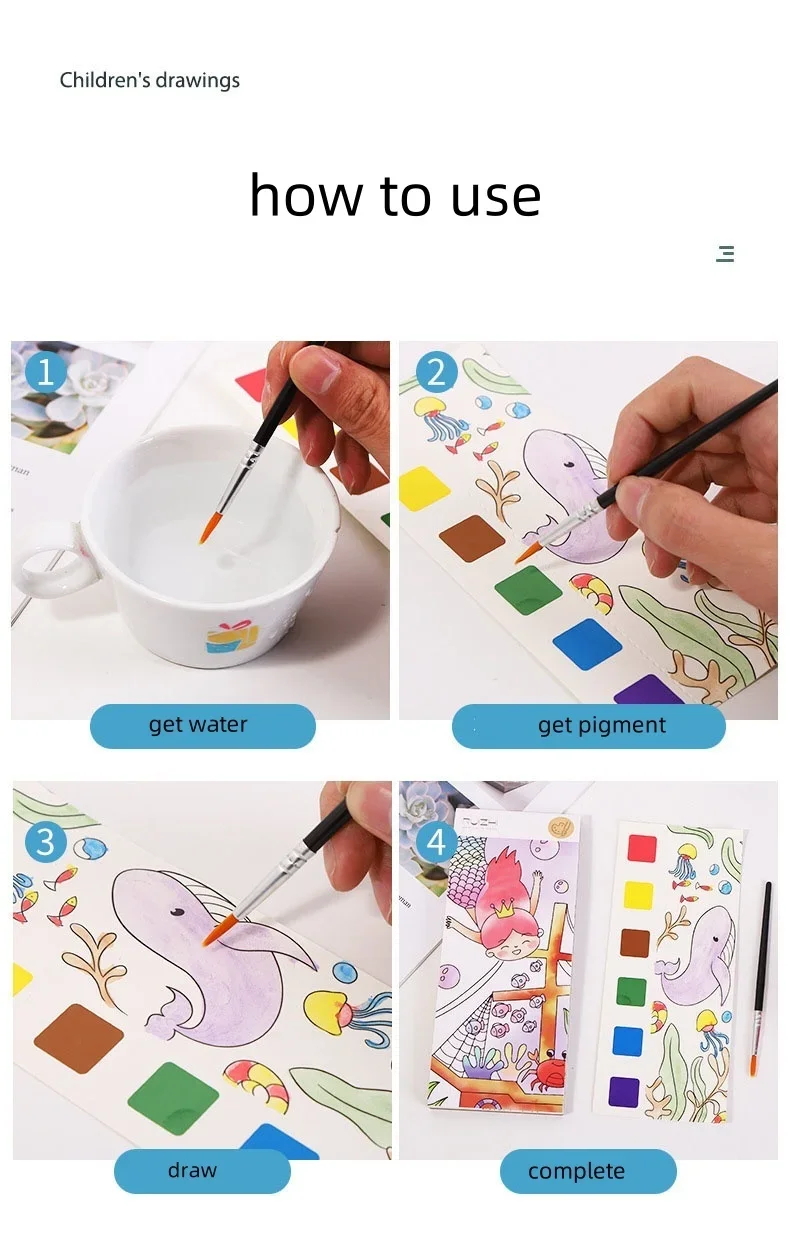 little size environmental enlightenment fun watercolor book with built-in pigments, kindergarten coloring picture books