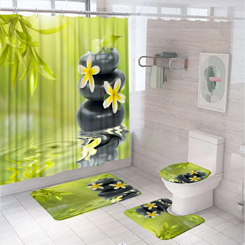 Zen Bath Mat Set Spa Landscape Rocks Flower Green Plants Bamboo Leaves Low  Pile Flannel Bath