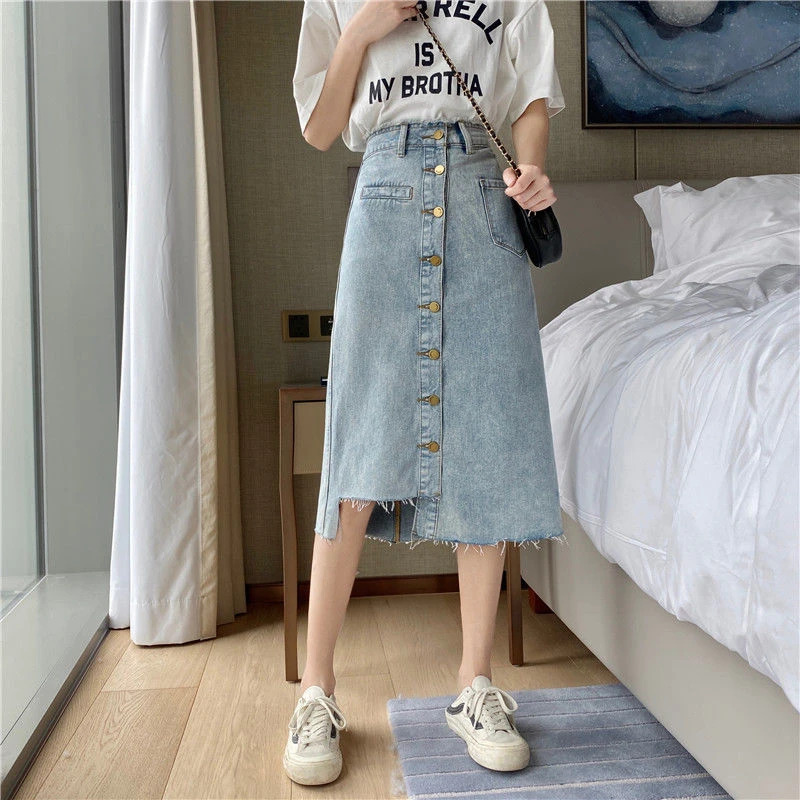 pleated skirt Women Irregular Denim Skirts Asymmetrical Button Fly Frayed Skirt Side Split Pocket Empire Trendy Female A Line Korean Skirt New ruffle skirt