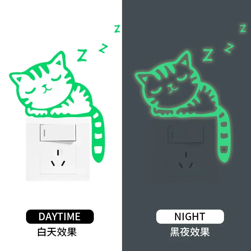 Glow in The Dark Cat Wall Stickers Cute Cartoon Light Switch Decals for Kids Bedroom Living Room