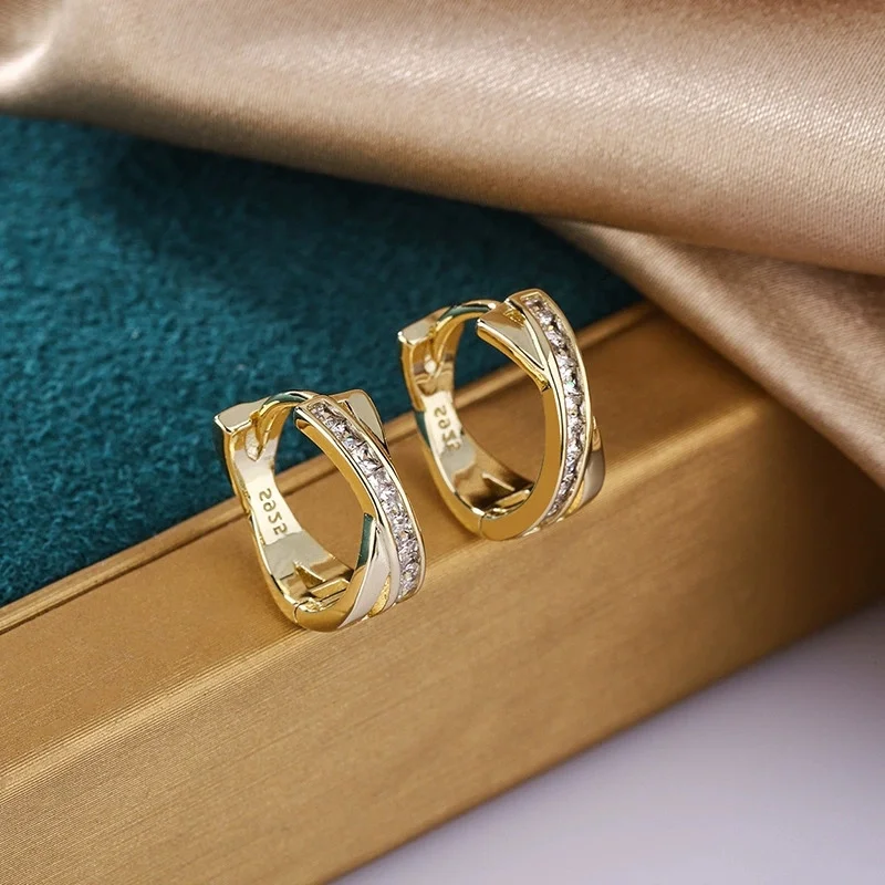 Classic Crossed White Zircon Round Stone Hoop Earrings For Women Vintage Gold Color Ear Buckle Wedding Jewelry Valentine Gifts