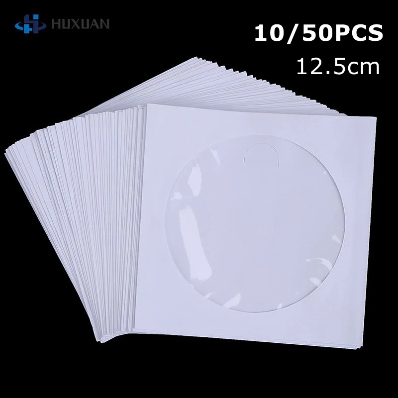 10/50PCS White 12.5*12.5CM CD DVD Disc Paper Sleeves Envelopes Storage Clear Window Case Flap White Folded Paper Bag CD Sleeves