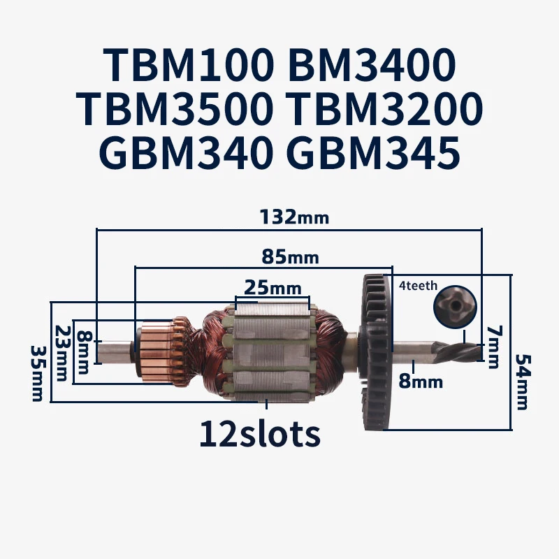 Rotor Armature 4teeth for Bosch TBM3400 3500 1000 GBM340 345 Hand Drill Rotor Armature Anchor Replacement Parts