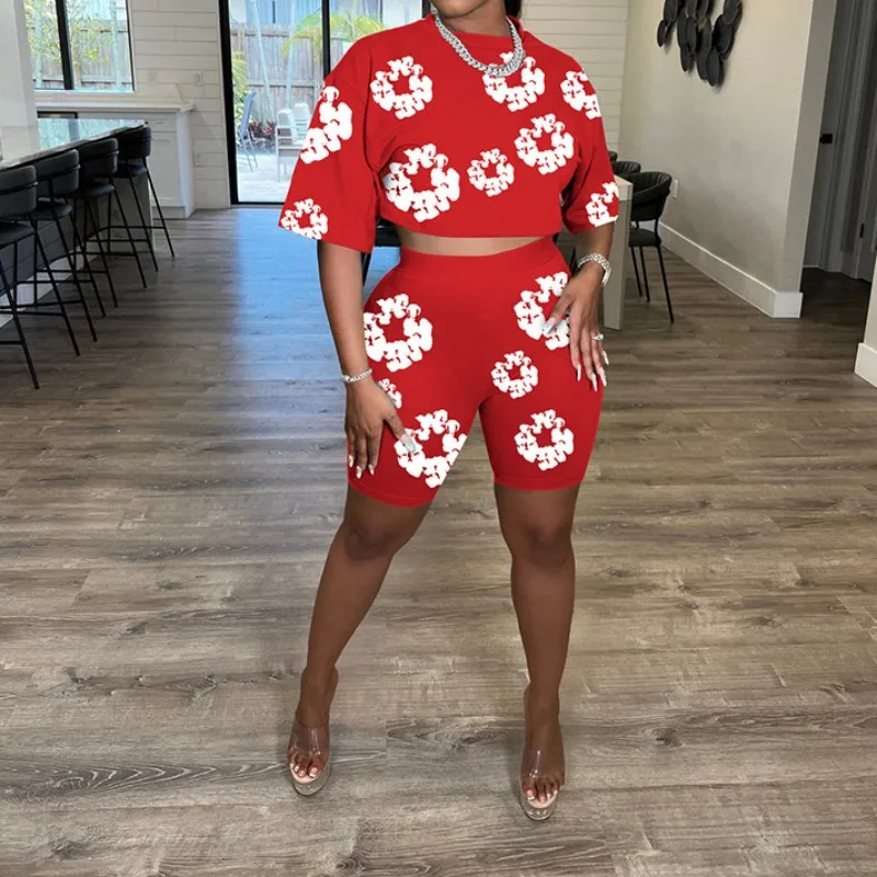 Women's Summer Printed Round Neck Short Sleeve Crop Top & Shorts Set Temperament Commuting Female Fashion Short Pants Outfits
